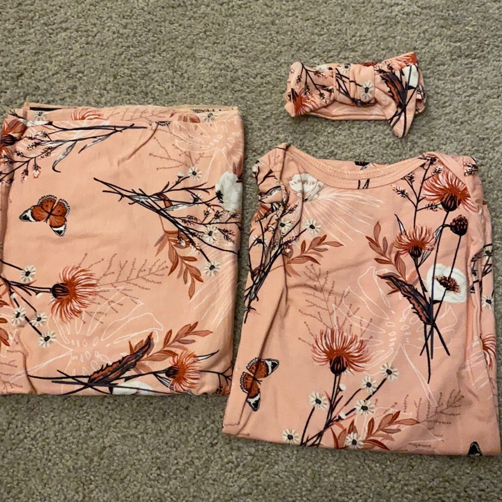 Swaddle, gown, and headband